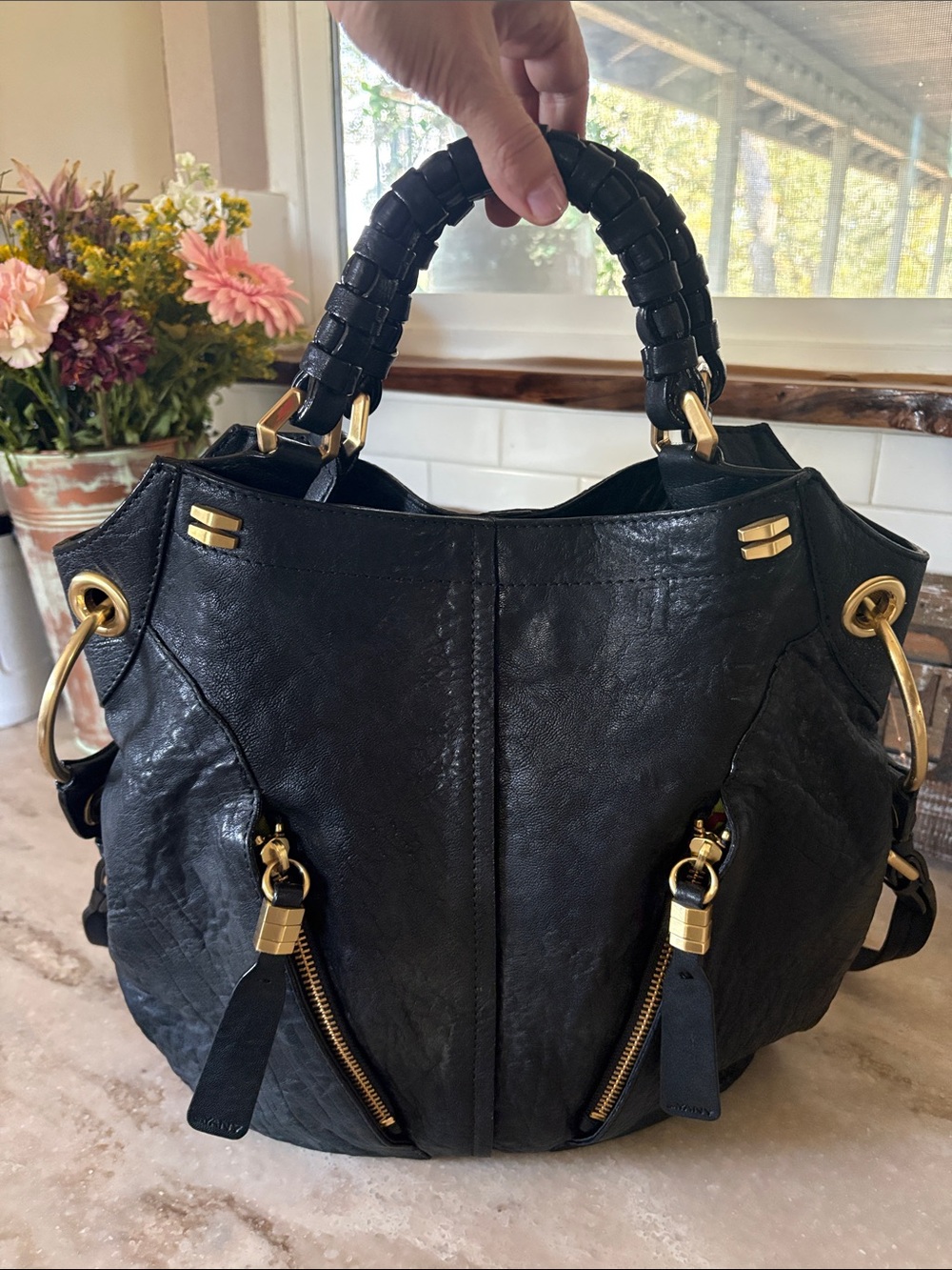 orYANY Gwen Black Large Leather Crossbody/Tote with Gold Hardware